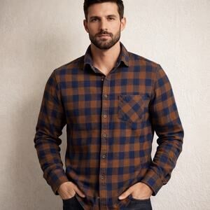 Nomad Brown Navy Buffalo Plaid Flannel Outdoorsy Lumnerjack‎ Shirt Mens M